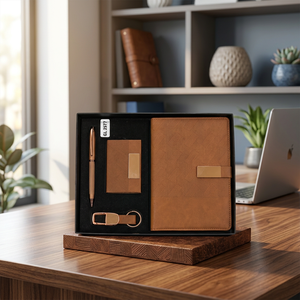 Coffret cadeau comprenant un carnet A5, un stylo roller métallique, un porte-cartes et un porte-clés, pour les clients, les employés et les essentiels de bureau. - Product Image 1