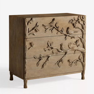 American Country-style Solid Wood Carved Bird Branch Nightstand, Vintage Distressed Single Drawer Open Storage <strong>Bedside</strong> <strong>Table</strong> - Product Image 5