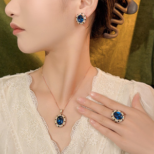 Fashion Eco-friendly Copper Gold Plated Oval Cut 12*16MM 10*12MM Zircon <b>Blue</b> Crystal Gemstone <b>Necklace</b> 3 Piece Jewelry Set - Product Image 2