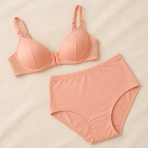 Ensemble de lingerie pour femme : soutien-gorge rose pêche à fermeture avant et culotte taille haute antibactérienne, facile à mettre et à enlever, doux pour le quotidien - Product Image 4