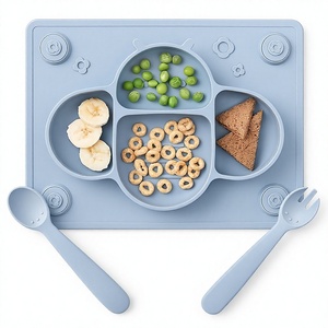 Ensemble d'assiettes à ventouse en silicone pour bébé, <span class=keywords><strong>plateau</strong></span> d'alimentation pour nourrissons avec cuillère et fourchette, plat rectangulaire floral pour tout-petits - Product Image 1