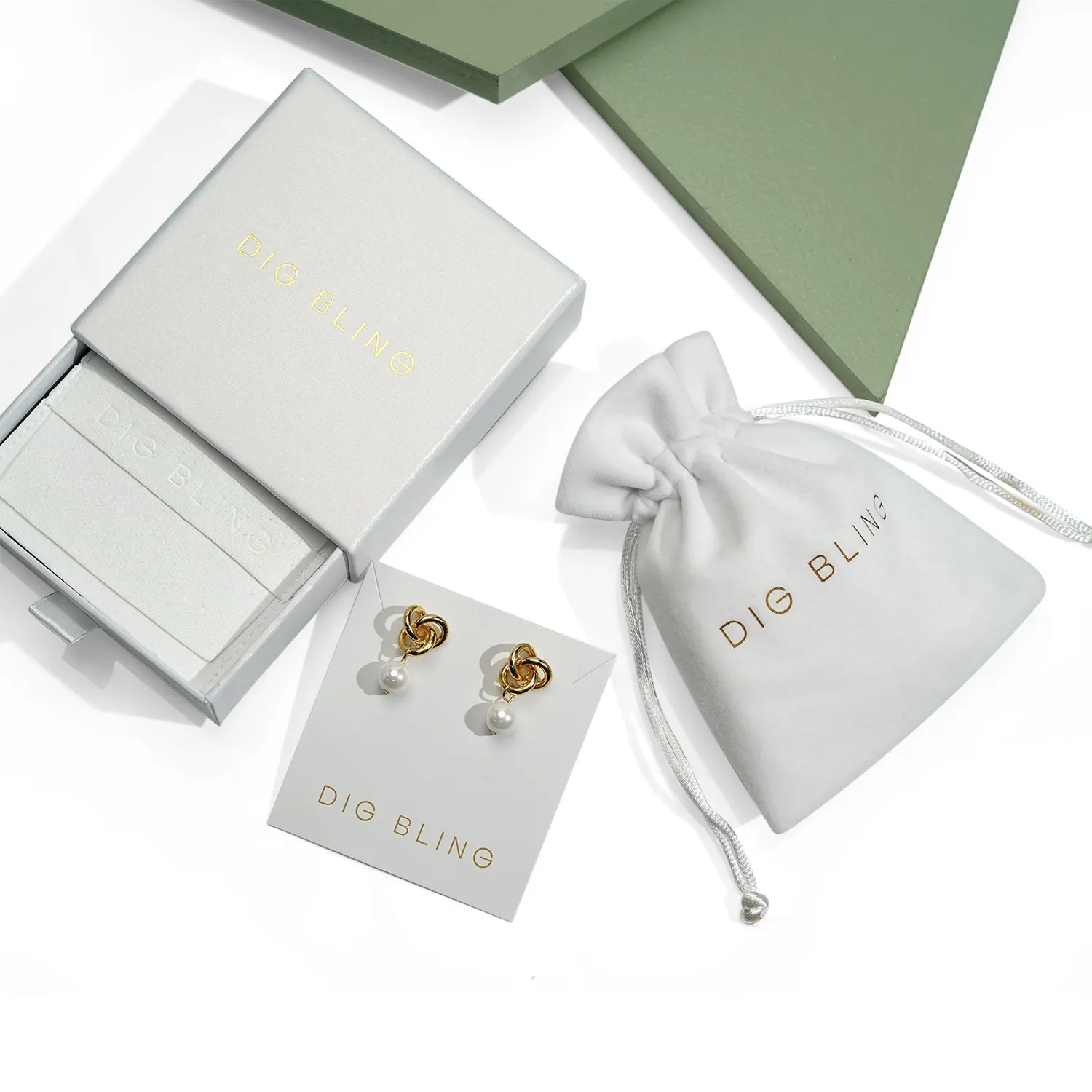 Kotak Laci Perhiasan dengan Kantong Perhiasan Microfiber, Kotak Kemasan Kustom, Logo Personal