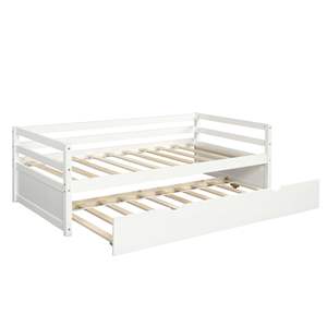 DB Luxury Twin Size Trundle <b>Bed</b> <b>Frame</b> <b>With</b> <b>Storage</b> Modern <b>Wood</b> Upholstered Foam Mattress White - Product Image 6