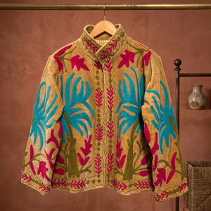 Chaqueta corta de terciopelo para mujer con bordado de hilo grueso, cuello alto, estilo casual, frontal abierto, OEM Suzani, venta al por mayor de fábrica, personalizada - Product Image 3