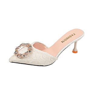 New Slippers Women's Summer Wear Outdoor Half Slippers Women's French Rhinestone Heels Thin Heels and Toe Sandals in Black - Product Image 5