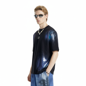 Vêtements pour hommes, t-shirt ample en coton mélangé à manches courtes avec imprimé pailleté coloré, tendance printemps-été, style streetwear - Product Image 2