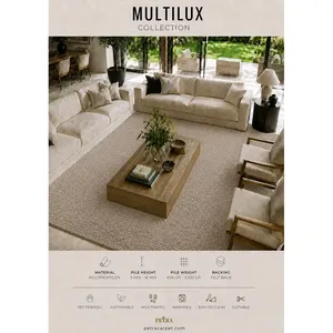 พรมปูพื้นโพลีโพรพิลีนสีเบจอ่อน Petra Multilux 20286 ซักเครื่องได้ ปลอดภัยสำหรับสัตว์เลี้ยง ตัดแต่งขนาดได้ เหมาะสำหรับห้องนั่งเล่นและทางเดิน - Product Image 3