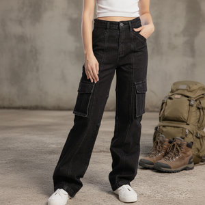 Jeans Denim <span class=keywords><strong>Neri</strong></span> da <span class=keywords><strong>Donna</strong></span> 2026 Personalizzati di Alta Qualità Stile Americano/Messicano, con Lavaggio Distressed, Patchwork e Vestibilità Dritta <span class=keywords><strong>Cargo</strong></span> - Product Image 1