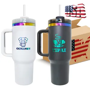 Custom 40oz BPA Free Rainbow Plated Stainless Steel Thermos Quencher Tumbler Water Bottle For Laser Engraving With Handle