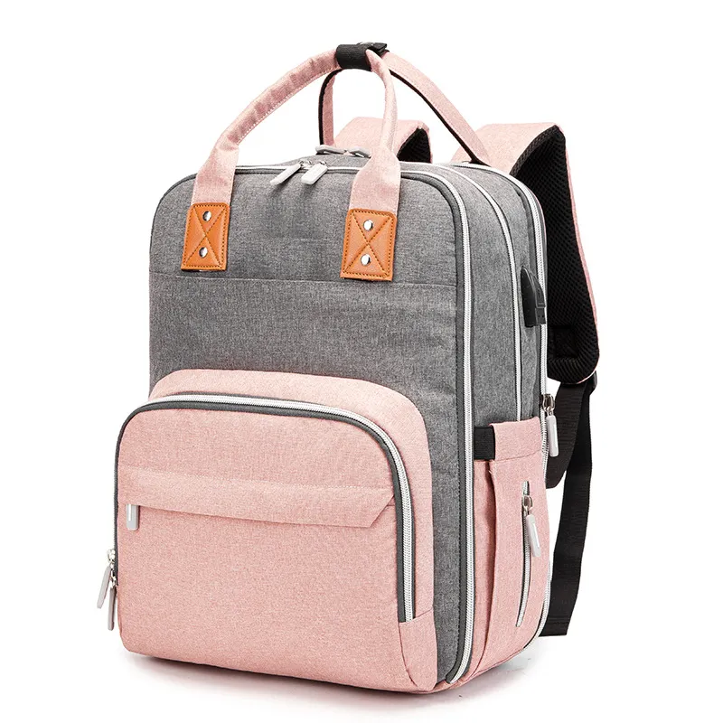 Bolsas de cambio de pañales para bebé, mochila de viaje impermeable multifunción con almohadilla cambiante, correas para cochecito, color gris y rosa