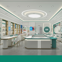 Vitrine de présentation haut de gamme pour bijoux et lunettes, design îlot, dimensions personnalisables, blanc/vert sarcelle, avec compartiment de rangement pour mobile