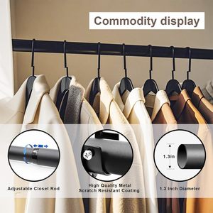 28-56 אינץ 'נירוסטה מתכווננת ארון מוט 1 אינץ קוטר כבד בגדים תלויים בר מט ווים שחור מסילות - Product Image 3