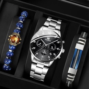 3pcs Set Hommes Retro Hip Hop <span class=keywords><strong>Noir</strong></span> Métal Montres-bracelets Casual Big Dial Quartz Reloj Hombre Fashionable - Product Image 2