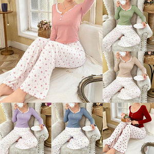 Women's Long Sleeve <b>Summer</b> Breathable Knitted Crewneck Pajama Set <b>Pyjamas</b> Pants - Product Image 2