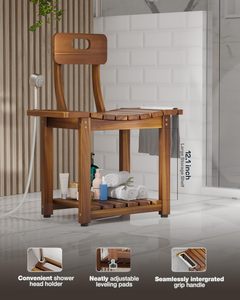 Chaise de douche moderne en bois d'acacia massif de 23,4 pouces avec dossier et étagère de rangement, siège de bain antidérapant pour personnes <span class=keywords><strong>âgée</strong></span>s, capacité de 450 lb - Product Image 3