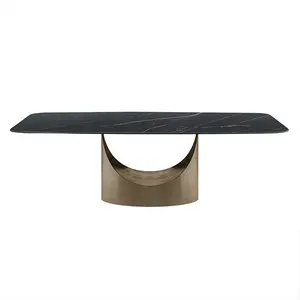 Modern ışık lüks mobilya dikdörtgen kaya kurulu mermer masa yemek masası tasarım bronz çelik masa ayağı