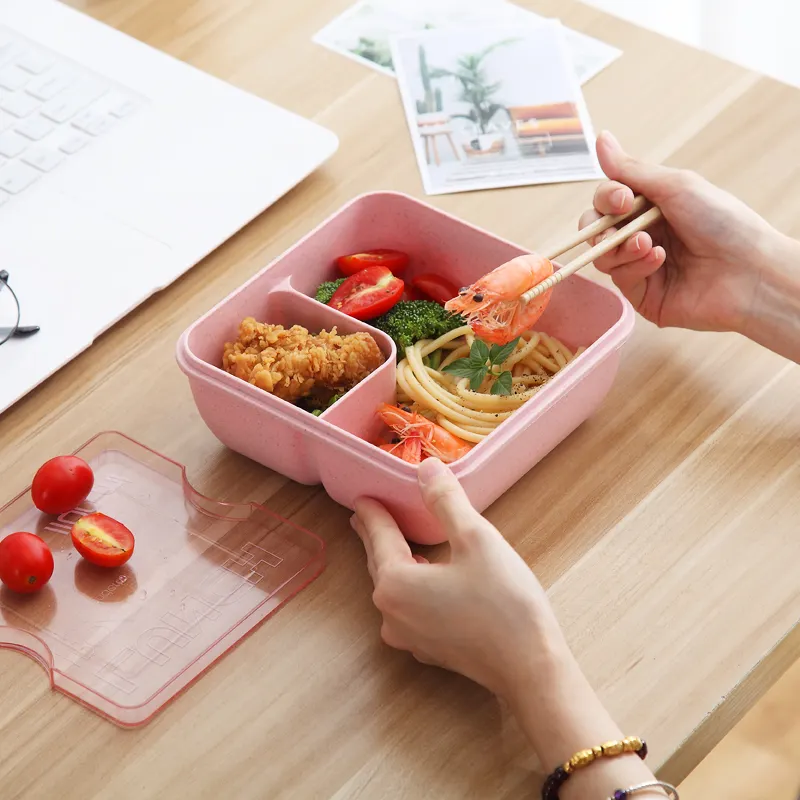 Wheat Straw Plastic Bento Box With Tableware Microwave Heated Box School Office Use Compatible Square Lunch Box
