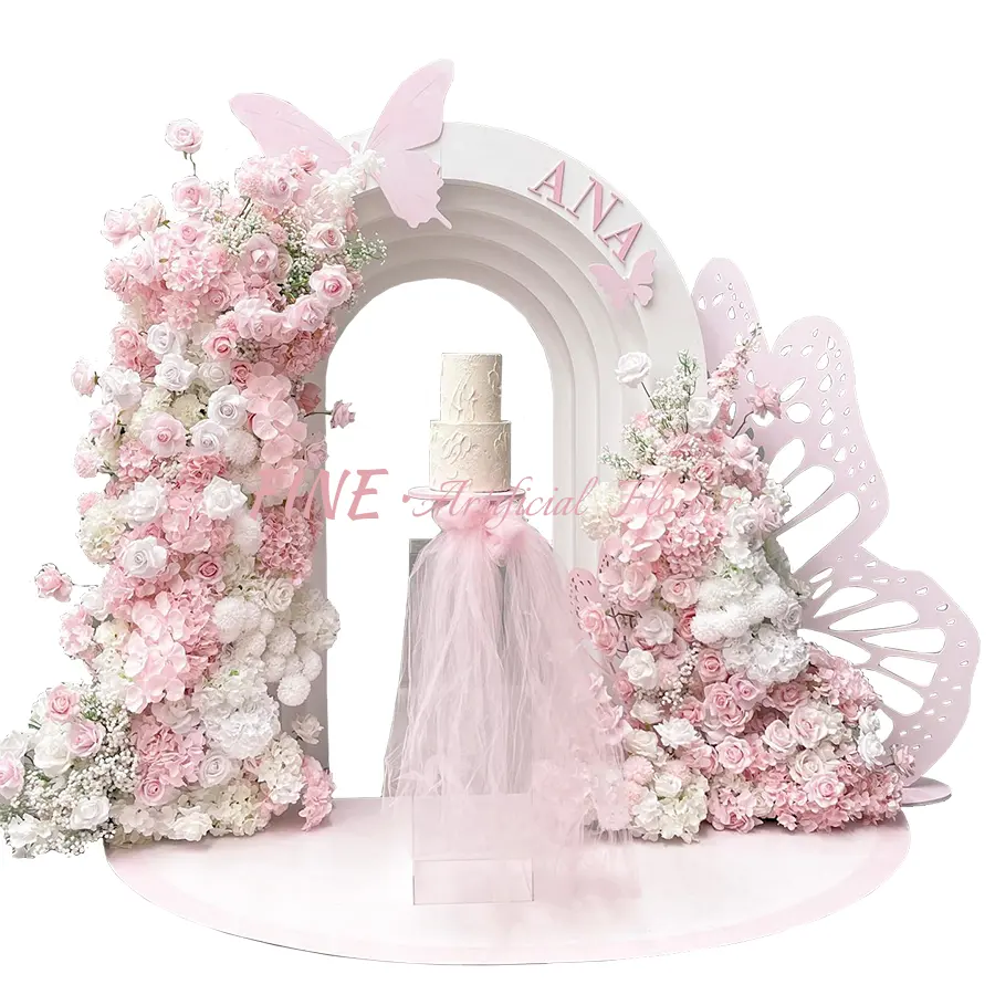 Bunga lengkung merah muda kustom untuk dekorasi latar belakang Hotel pernikahan bunga gerbang