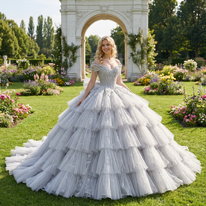 Vestido De Quinceañera Plateado y Gris Con Lujo Para Fiesta De Noche Vestidos De 15 Años Talla XL Con Lentejuelas, Pedrería y Encaje-Lsmc67 - Product Image 1