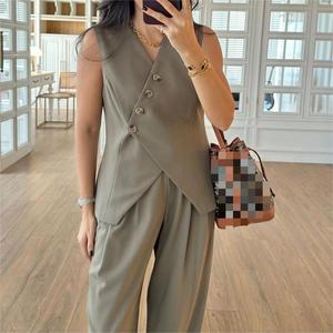 เสื้อกั๊ก2ชิ้นสำหรับผู้หญิงชุดสูทกางเกงเอวสูงเสื้อกั๊กดีไซน์คอวี - Product Image 2