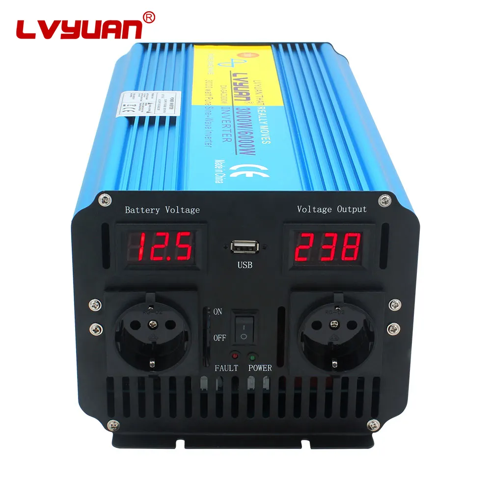 LVYUAN doppio Display LED Inverter di potenza 4 prese AC 1 porta USB 3000w onda sinusoidale pura Inverter DC 24V 230V convertitore AC Inverter