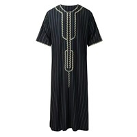 Robe musulmane imprimée à col en V pour hommes grandes tailles, robe décontractée ample et respirante à rayures imprimées de couleur unie, vente en gros