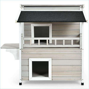 בריכת עץ יוקרתית חיצונית חסינת 2 שכבה בית חתול בית חם למכירה חתול משחק מחסה עם שני חיות מחמד קומה עם מרפסת - Product Image 5