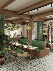 Fauteuil en bois massif avec dossier en rotin et canapé vertical en PU vert, table à manger sur piétement massif, mobilier de <span class=keywords><strong>café</strong></span> et restaurant - Product Image 3
