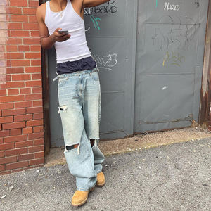 Sysjy بالجملة مخصص عالية الخصر واسعة المتضخم مزدوجة الخصر ممزق المتعثرة خمر حمض مغسول فضفاض الجينز للرجال - Product Image 5