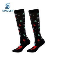 Chaussettes de compression de Noël motif renne, hauteur genou, compression graduée, en nylon et élasthanne