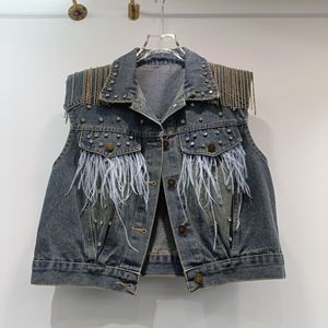 Camiseta sin mangas corta informal sin mangas para <span class=keywords><strong>mujer</strong></span> 2025 nuevo estilo coreano con chaleco vaquero con borlas de diamantes de imitación de retazos de plumas - Product Image 6