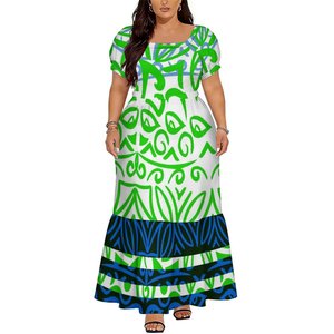 Robe longue maxi personnalisée pour <span class=keywords><strong>femme</strong></span> grande taille, motif tribal polynésien violet, col carré, manches courtes bouffantes, à volants superposés - Product Image 2