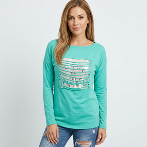 Women's <b>Green</b> Long Sleeve <b>Crop</b> <b>Top</b> Crew Neck Jersey T-Shirt With Letter Print Logo Casual Fit Spring Summer Wear 180 GSM Fabric - Product Image 4