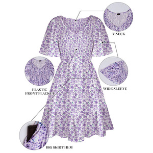 Robe d'été décontractée pour femme, personnalisée 2026, à col en V smocké, manches volantées, motif floral mignon, avec poches, pour le printemps et l'été - Product Image 5