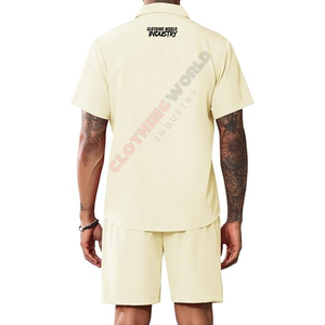 Men's Casual Summer Outerwear <b>Set</b> Breathable <b>Knitted</b> Weaving Solid Color Short-Sleeved Suit Collar Two-Piece - Product Image 2