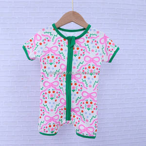 YiYing Unisex Pink Floral Print Bamboo Baby Romper 0-24 Bulan Setelan Pakaian Musim Panas Lengan Pendek dengan Resleting - Product Image 5