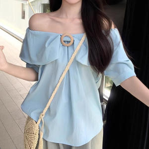 Ropa de mujer, moda de verano, informal, Color sólido, cuello oblicuo, para mujer, temperamento que combina con todo, cárdigan holgado versátil de manga corta - Product Image 6