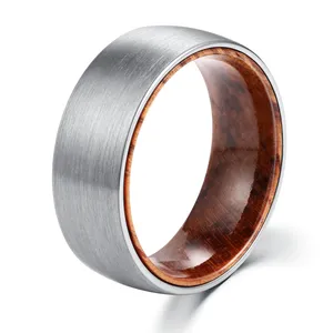 Poya domed anel de tungstênio masculino, manga forro de madeira escovada 8mm, preta e prateada