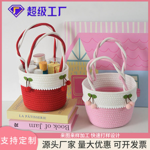 Cherry Handheld <b>Storage</b> Basket Pink Round Woven Basket For Wedding Favor Gift <b>Box</b> <b>Small</b> Size Handmade Craft Basket - Product Image 5