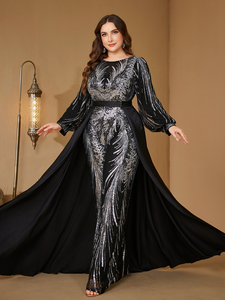 Combinaisons pour femmes à coupe aléatoire <span class=keywords><strong>avec</strong></span> traîne de cour, col rond, manches lanternes, paillettes brillantes, élégantes, pantalon évasé pour soirée et cocktail, 2 façons de porter - Product Image 3