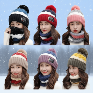 Conjunto de gorro y bufanda de punto con bloques de color, 2 piezas, 100% acrílico, tejido a mano para adultos, talla mediana 56-58 cm - Product Image 2