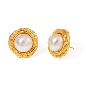 Pendientes de Perlas Blancas con Engaste de Bisel en Acero Inoxidable y Oro de 18k, Diseño Geométrico, para Uso Diario - Product Image 1