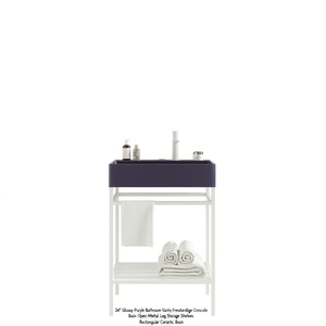 Meuble-lavabo de salle de bain autoportant 24 pouces violet brillant avec pieds en métal, étagères de rangement et vasque rectangulaire en céramique - Product Image 1
