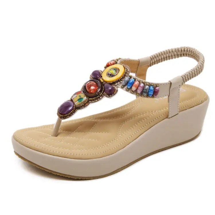 Großhandel Frauen Sommer Mode Flip Flop Sandales Kompensees Böhmen Strass Perlen Knöchel riemen Plattform Wedge Tanga Sandalen