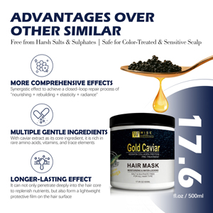 Masque capillaire Wiseking <span class=keywords><strong>Gold</strong></span> <span class=keywords><strong>Caviar</strong></span> 500 ml Contient de la kératine pour les cheveux ternes Nourrissant en profondeur et réparateur Hydratant Salon personnalisé Spa - Product Image 4