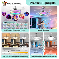 Ventilateur de plafond moderne rétractable Bluetooth de 42 pouces avec lumière RGB pour haut-parleur, 6 vitesses, réversible, télécommande, contrôle par application, moteur DC, 4 pales