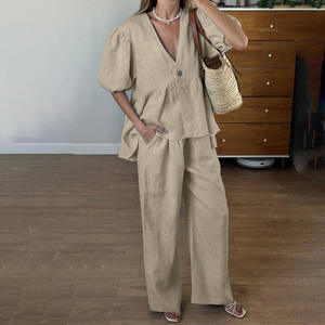 Top a Maniche Corte con Bottoni e Pantaloni con Elastico in Vita, Set Due Pezzi in <span class=keywords><strong>Cotone</strong></span> per <span class=keywords><strong>Donna</strong></span>, Abbigliamento Estivo - Product Image 4