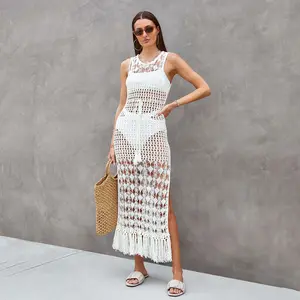 Sleeveless Long Robe Crochet Tassel Bathing Suits Women Knitted Bikini Cover Ups Beach Dresses Tunics