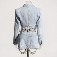 Ensemble de jupes en jean vintage automne mode décontractée sexy à manches longues deux pièces perles gemmes strass mini jupes en jean robe pour femmes