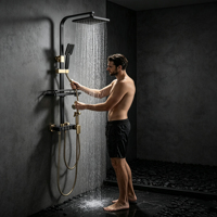 Robinet de douche moderne de luxe noir/doré à poignée unique avec pommeau de douche carré à jets pluie/doux/jet concentré/pause/ cascade